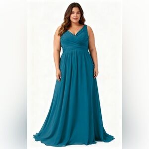 Teal Chiffon Bridesmaid Dress V-Neck Sleeveless Formal Gown Plus Size 18W-20W